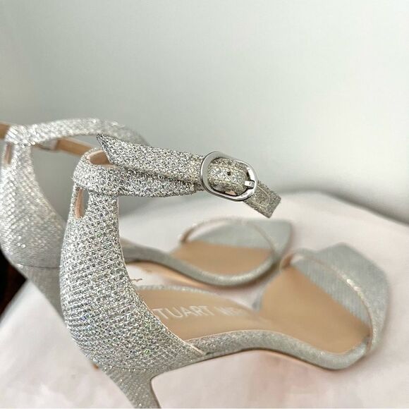 Stuart Weitzman's Nudistcurve Shimmery Ankle Strap Sandals Silver Size 6.5B NIB - Picture 12 of 14